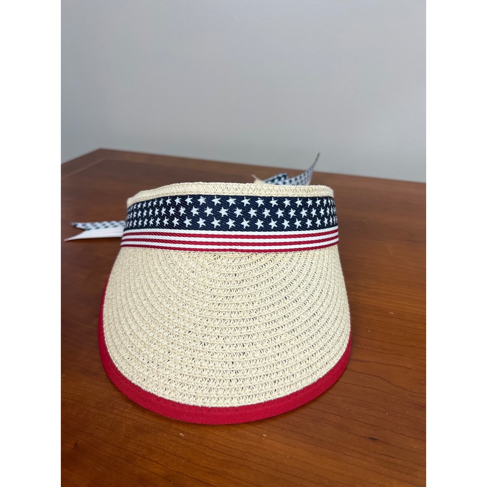 Patriotic American Flag Straw Sun Visor Bow Back Stars Stripes Red White Blue